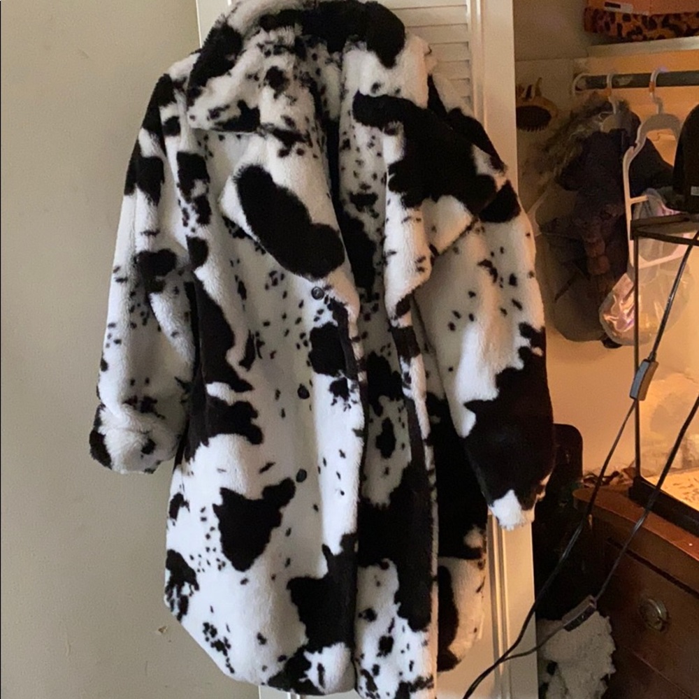 Cow print faux fur coat